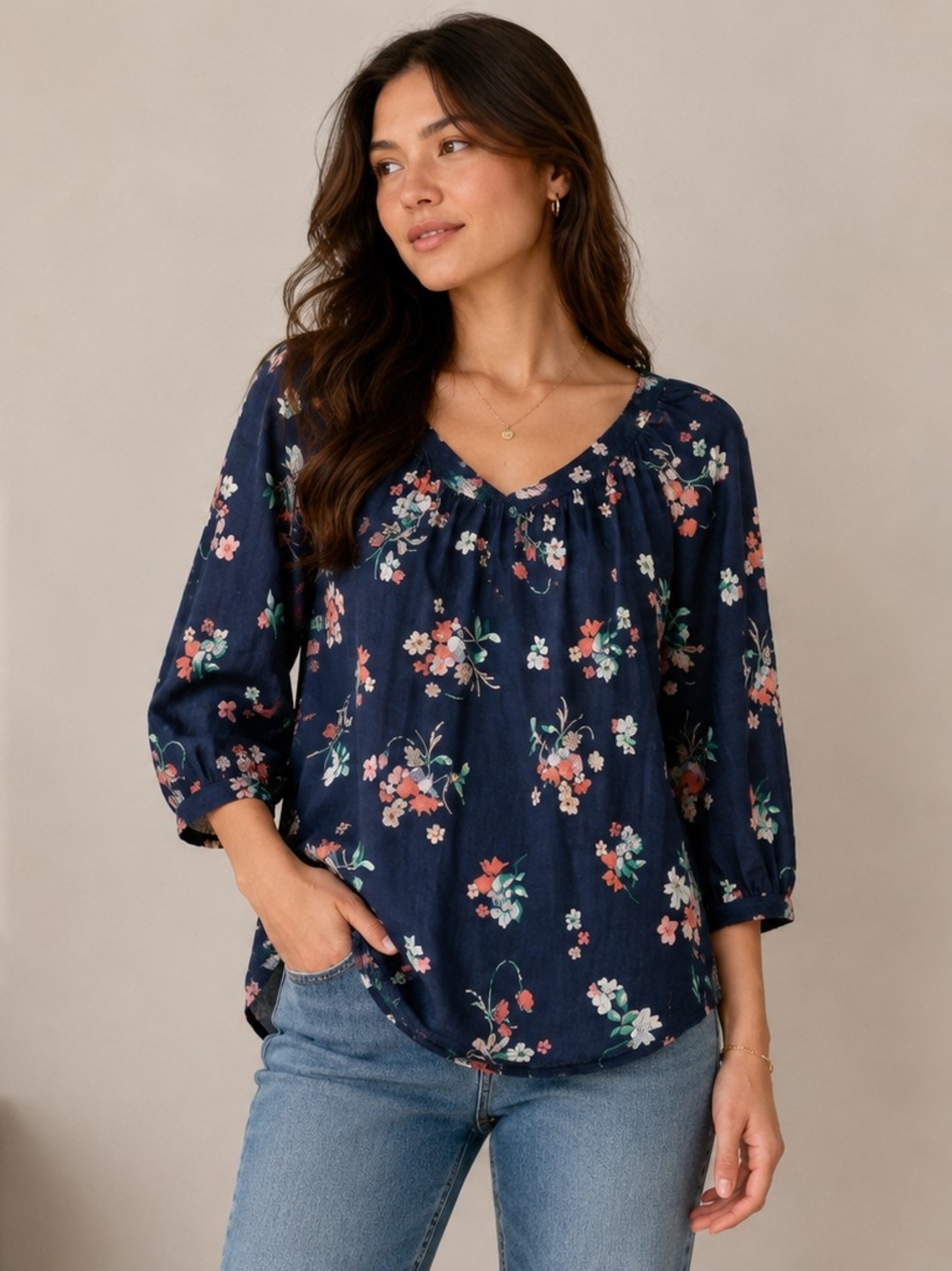 Women's Navy Floral V-Neck Peasant Top